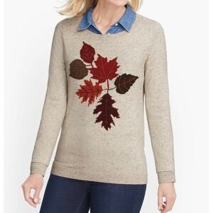 Talbots Cream Fall Leaves Cotton Blend Sweater Pullover XLP Petite Autumn